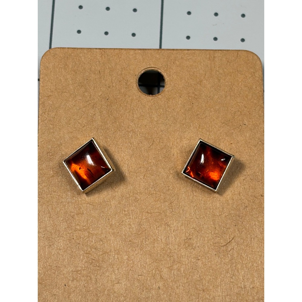 Vintage Square Amber Stud Earrings Sterling Silver 925 Minimalist Jewelry